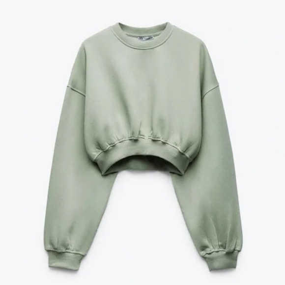 Zara Women's Oversized Long Sleeve Crop Top Sweatshirt, Mint Green, MEDIUM - Picture 2 of 7